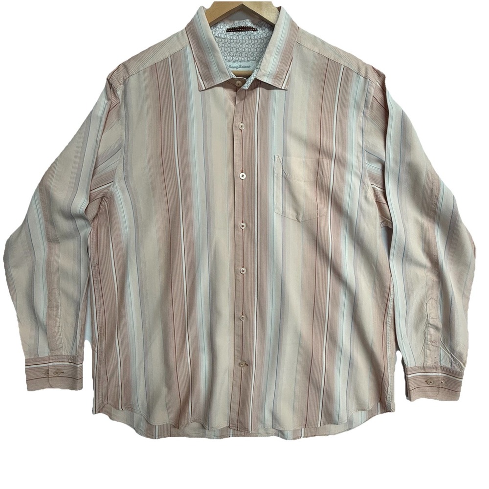 Tommy Bahama Silk Shirt XL Striped Button Up Camp Casual Beach Mens